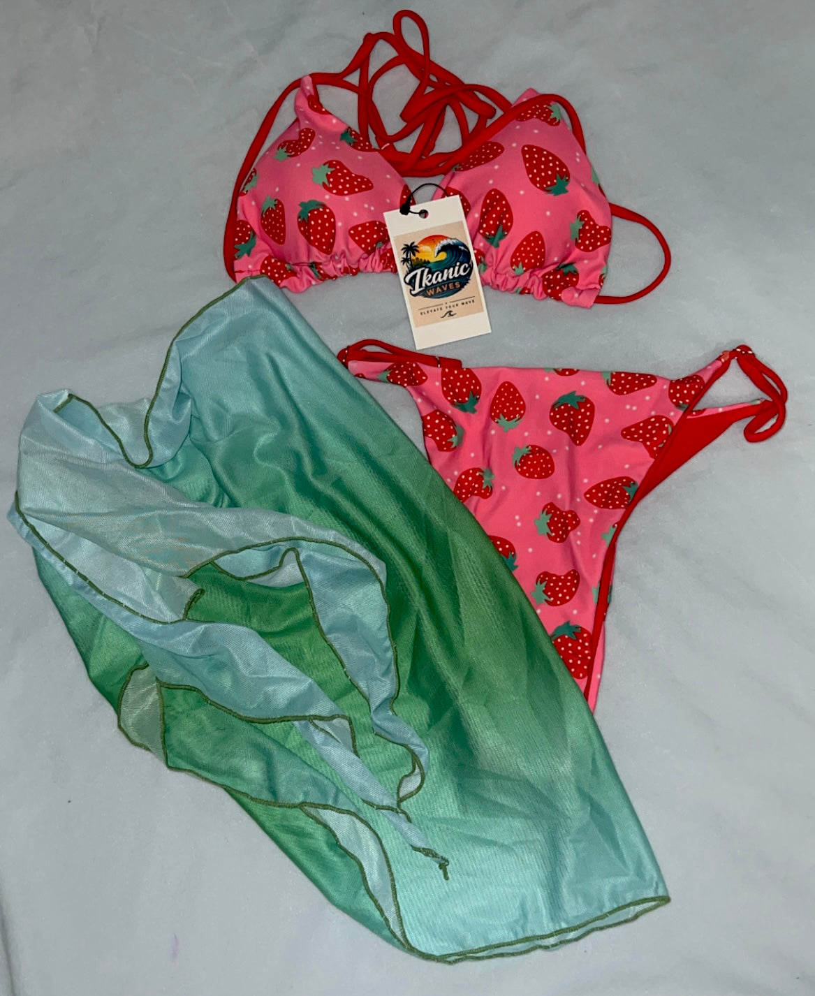 3 piece strawberry thong suit with sarong