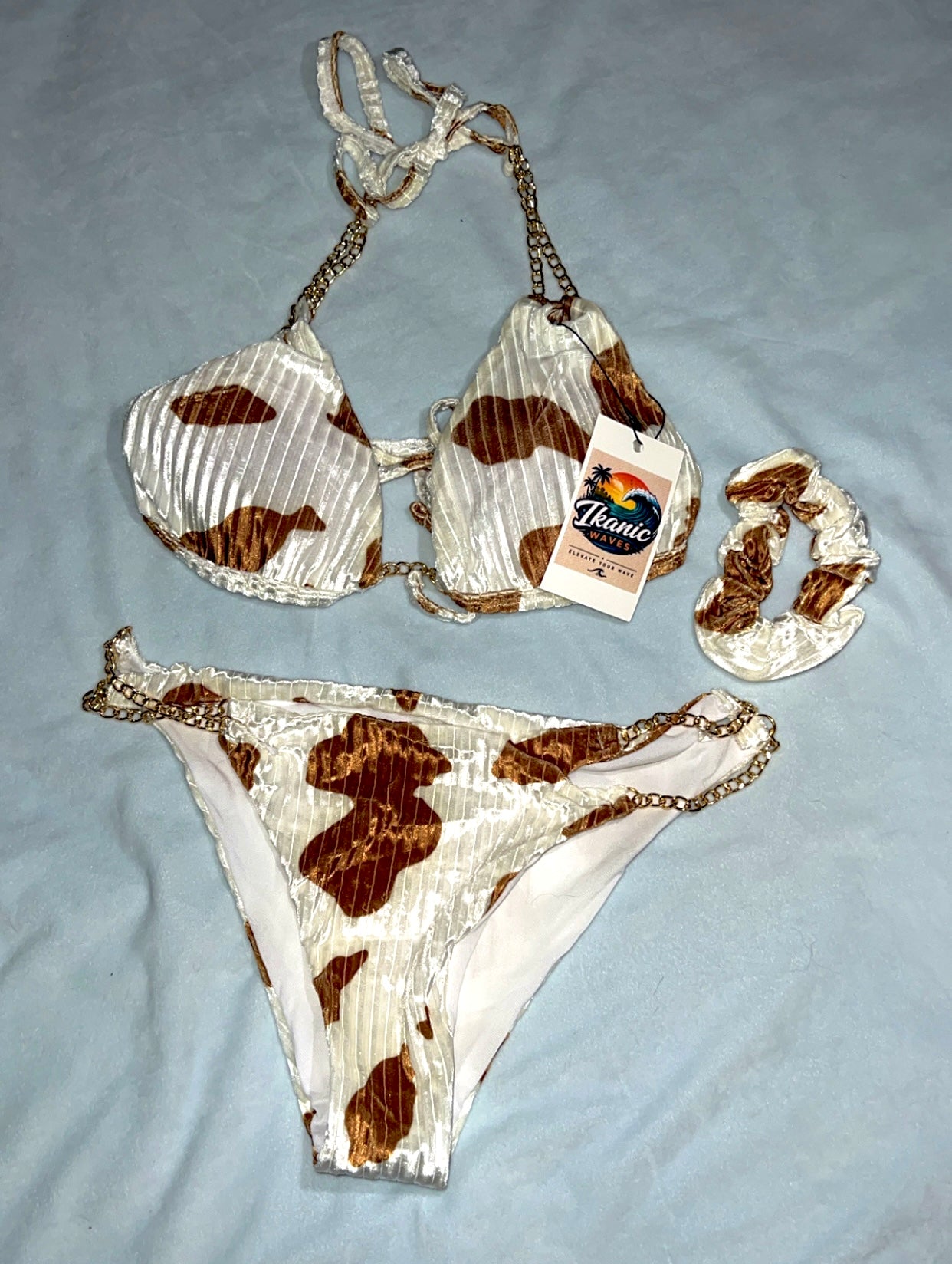 Cow Print Chain Strap Bikini Set with Matching Scrunchie