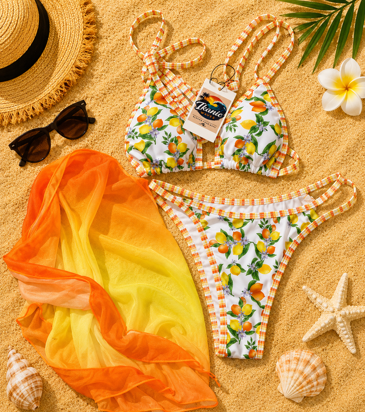 Citrus Bloom 3-Piece Bikini Set with Sheer Cover-Up