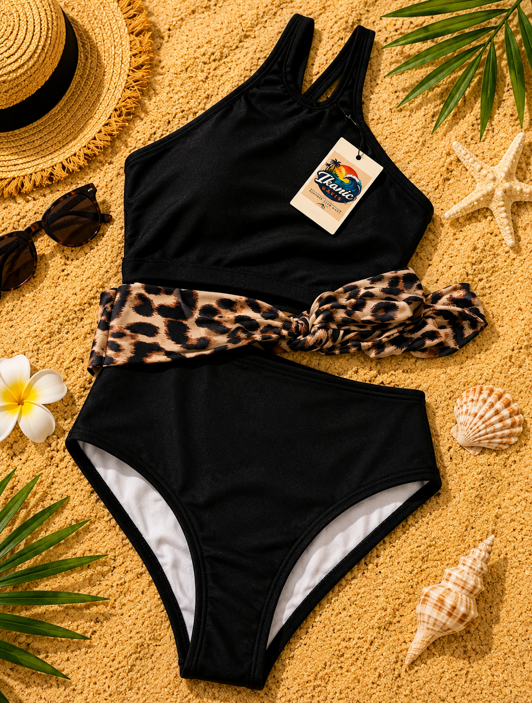 Black High-Waisted Leopard Knot Bikini